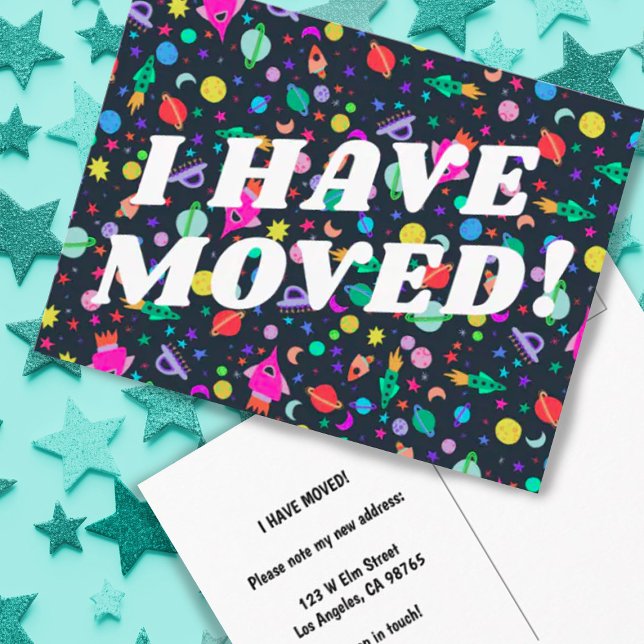 UTFYTTNINGSBREV Färgglatt rymduniversum UFO Vykort (Fully customizable moving announcement postcard with cute colorful outer space design)
