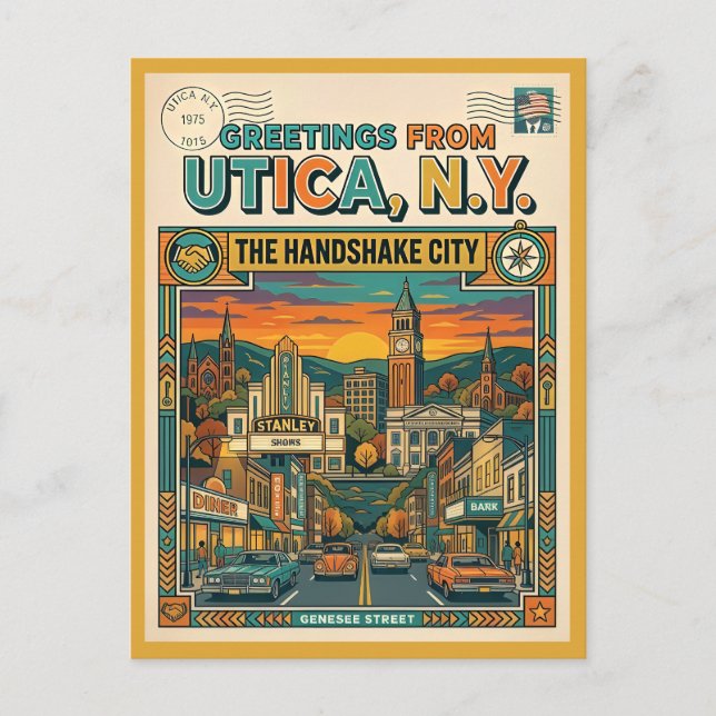 Utica NY “The Handshake City” Retro 1920-talet Vykort (Framsida)
