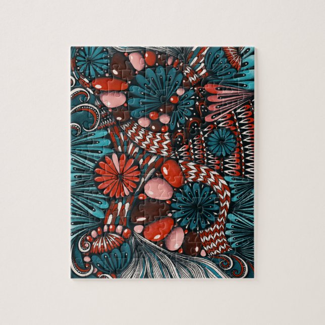 Utmanande Zentangle Teal och Korallröd Abstrakt  Pussel (Vertikal)