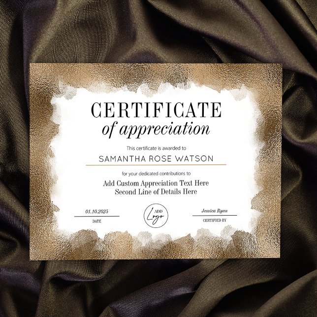 Utmärkningscertifikat Modern Guld Glitter Award (Elegant gold glitter effect Certificate of Appreciation professional business award)