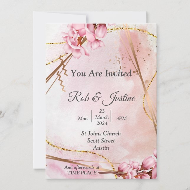 Utmärkt bröllopsinbjudan, rosa blommigt inbjudningar (Framsida)