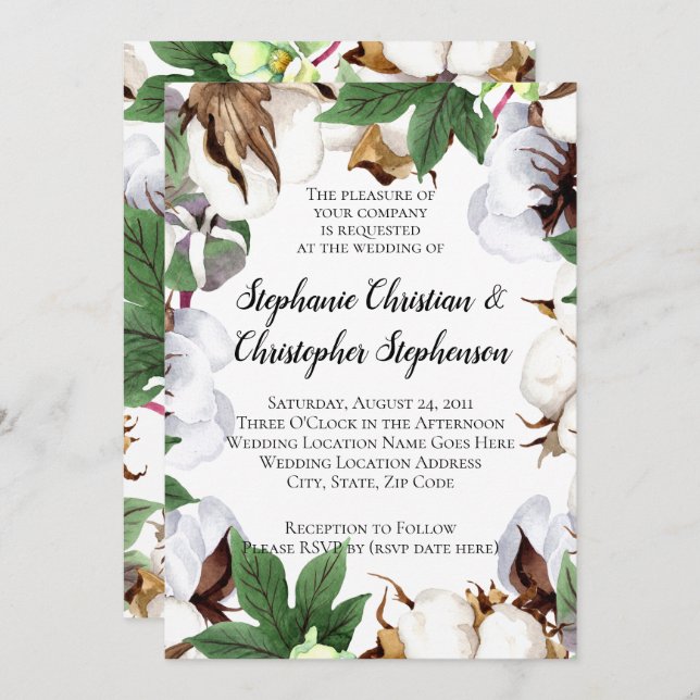 Utmärkt Cotton Bloom Watercolor Bröllop Inbjudningar (Fram/baksida)
