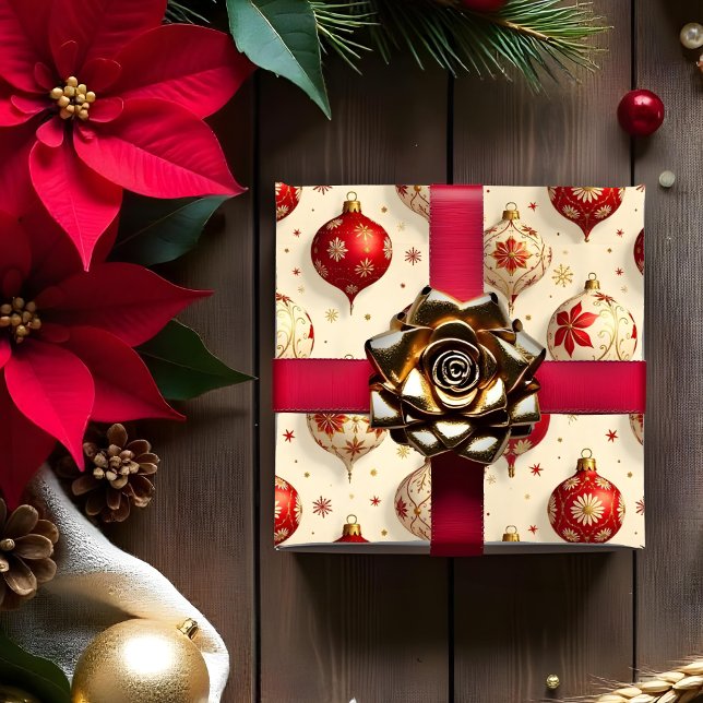 Utmärkt julprydnad för Vintage Red & Guld Presentpapper (Exquisite Vintage Red & Faux Gold Christmas Ornaments Wrapping Papers.)