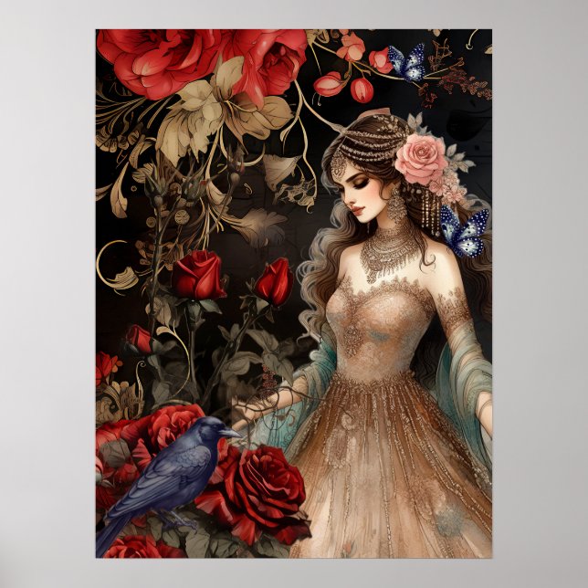 Utmärkt Mörk Beauty Röd ros & Raven Poster (Framsidan)