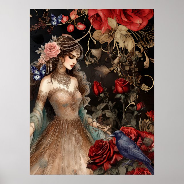 Utmärkt Mörk Beauty Röd ros & Raven Poster (Framsidan)