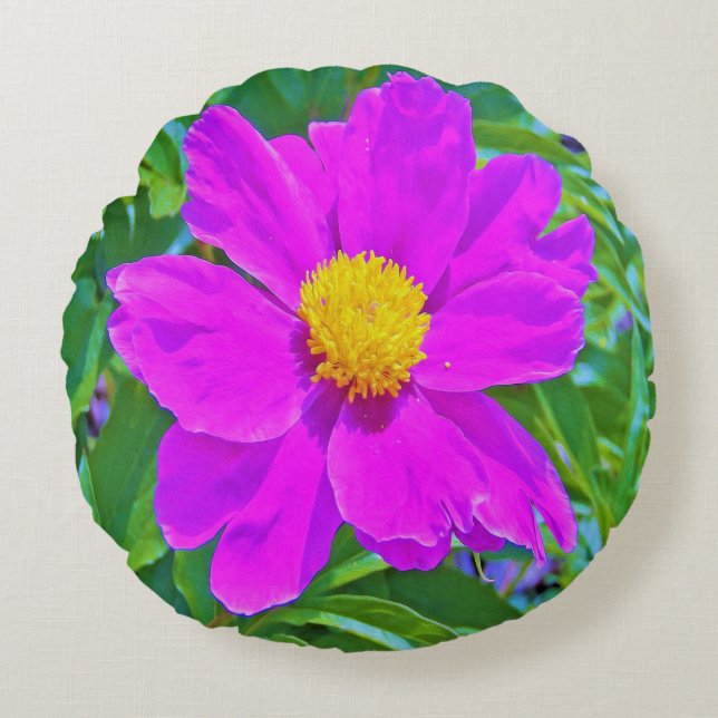 Utmärkt Ultra-Violet Peony med Gult Center Rund Kudde (Framsidan)