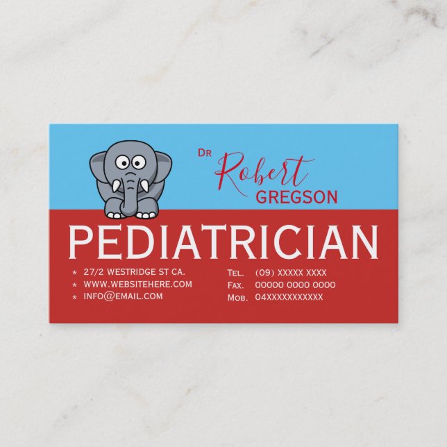 Utnämningskort för Cute Elephant Pediatrician Tidsbeställning Kort (Framsida)