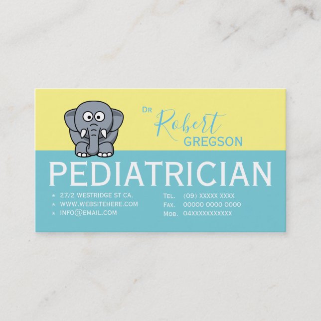 Utnämningskort för Cute Elephant Pediatrician Tidsbeställning Kort (Framsida)