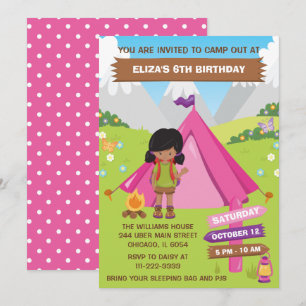 Utomhus Camping Birthday African American Girl in Inbjudningar