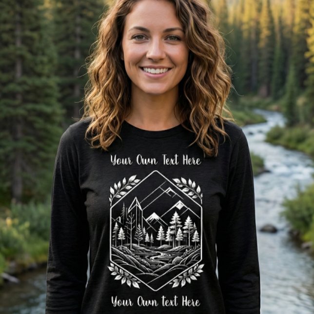 Utomhus Linjekonst Bergsäventyr Din Text T Shirt (Customize your Adventure Long Sleeve! Line Art Mountain sketch with editable Your Text areas.)