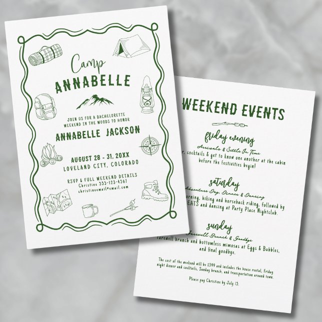 Utomhusäventyrsläger Möhippa Inbjudningar (Outdoor Adventure Camp Bachelorette Party Invitation)