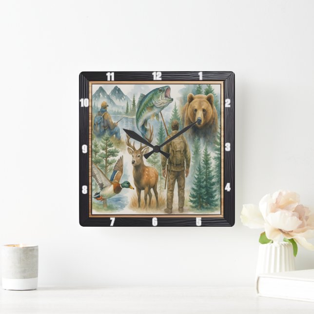 Utomhusjaktfiskare Fyrkantig Klocka (Hem)
