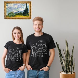 Utomhuslägereld Skog Berg Måne Stjärnor Rustik T Shirt