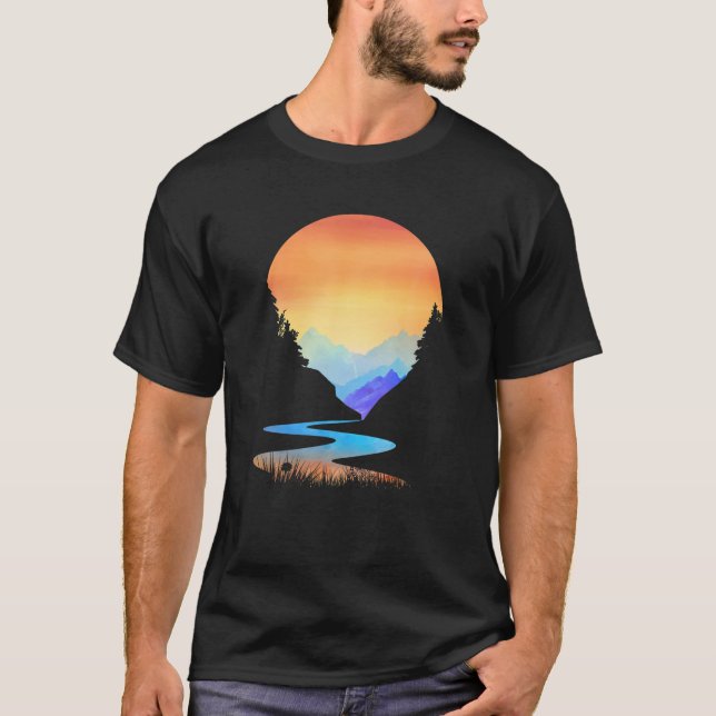 Utomhussolnedgång Vintage Stil bergen Sol natur T Shirt (Framsida)