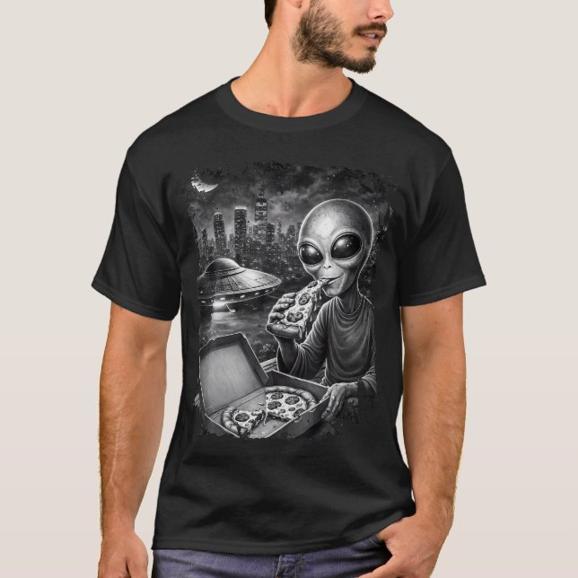 Utomjording Äter Pizza Ufo Takstad T Shirt (Framsida)