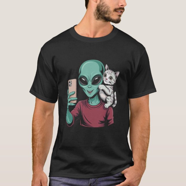 Utomjording och katt selfie i rymden t shirt (Framsida)