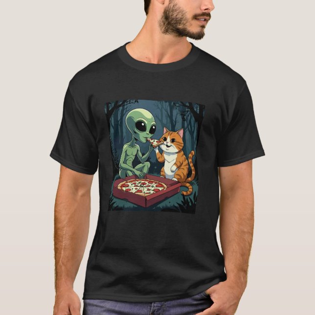 Utomjording och katt som äter pizza t shirt (Framsida)
