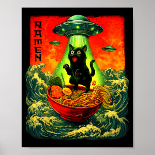 Utomjording Ramen Katt Ufo Japansk Retro Konst Gåv Poster