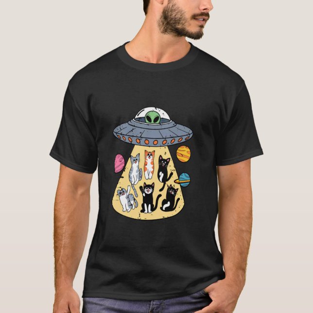 Utomjordingar Bortförer Katter Med Planeter Kul T Shirt (Framsida)