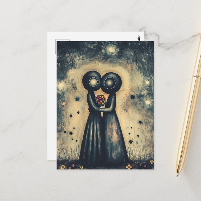 Utomjordingar i Kärlek Embrace i en Hug Vykort (Fram/Back In Situ)