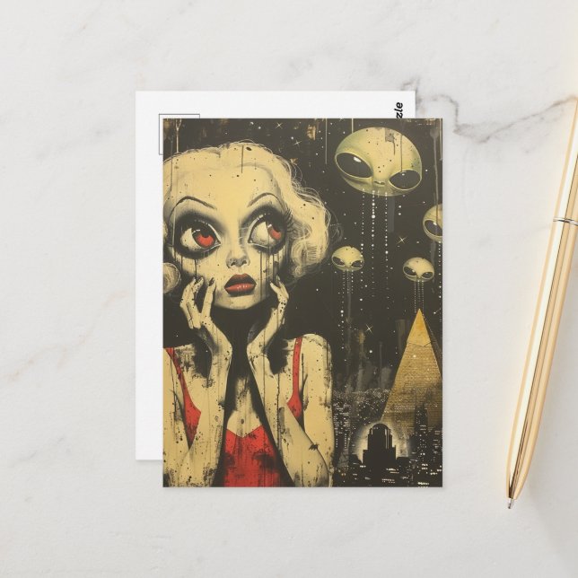 Utomjordingar och kvinnor i Red Dress Scifi Fantas Vykort (Fram/Back In Situ)