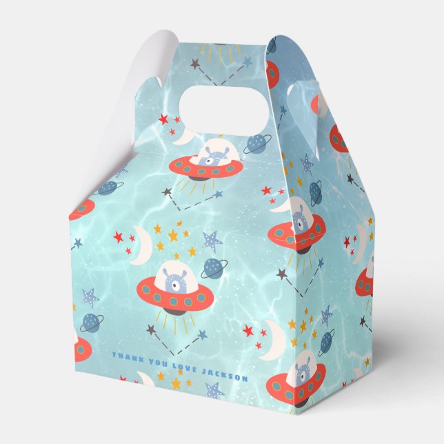 Utomjordingar Space Mönster Tack favor Teal Birthd Presentaskar (Framsidan Sidan)