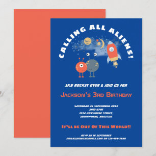 Utomjordingar Spaceship Tecknad Boy 3rd Birday Blu Inbjudningar