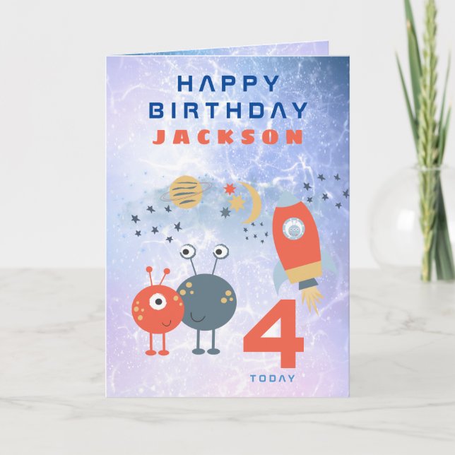 Utomjordingar Ytthet Ålder 4 Birthday Space Lilac Kort (Framsida)