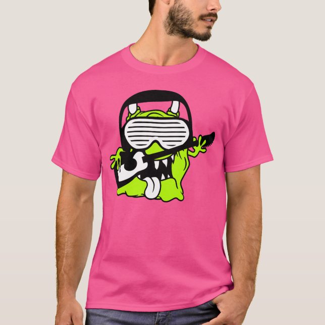 Utomjordinge Monster Spelar Gitarr Hörlurar Solgla T Shirt (Framsida)