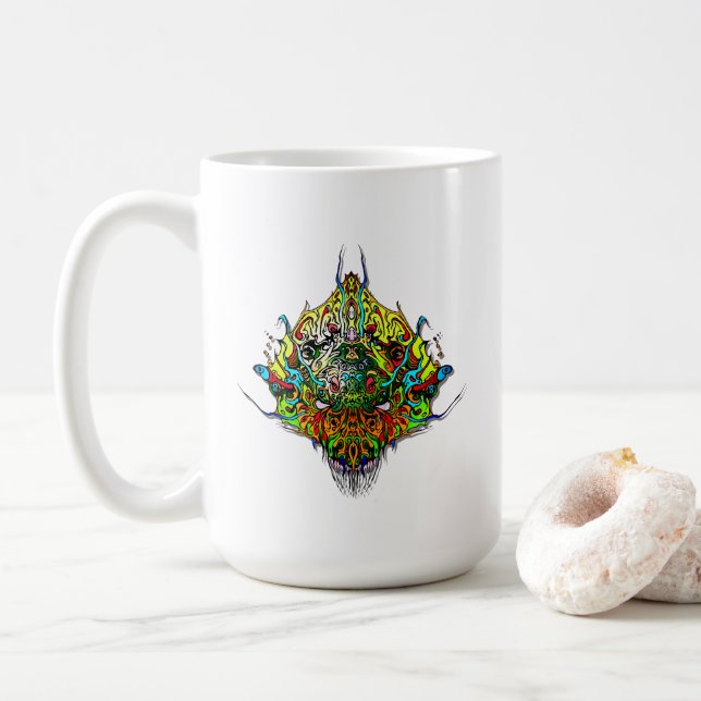 Utomjordinghuvud gul tribal design kaffemugg (Med munk)
