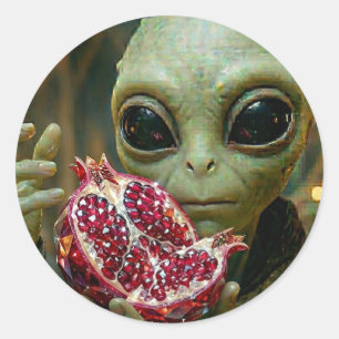 Utomjordisk Alien och Granatäpple Runt Klistermärke