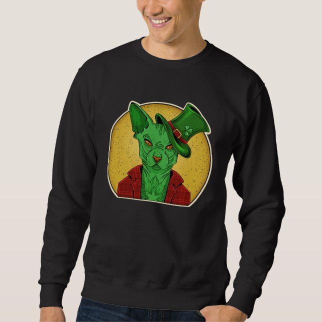 Utomjordisk katt grön Sphynx Leprechaun Cool Hårfr Lång Ärmad Tröja (Framsida)