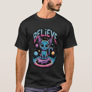 Utomjordisk Katt Tro UFO Rymd Design T Shirt