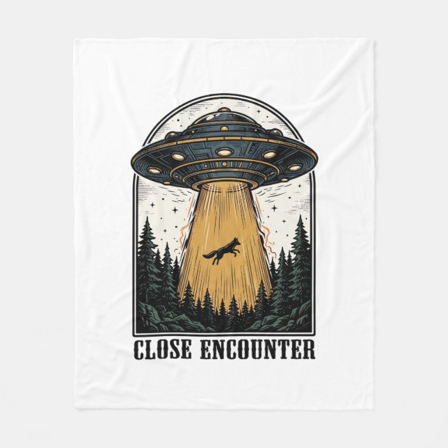 Utomjordisk skogsabduktion Vintage UFO-gravering Fleecefilt (Framsidan)