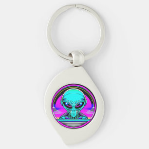 Utomjordisk utomjording som flyger en UFO Swirl Silverfärgad Nyckelring