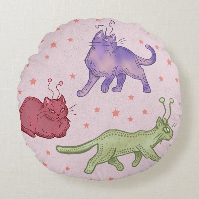 Utomjordiska Katter Whimsical Rymdkatt Rolig Sci-F Rund Kudde (Framsidan)