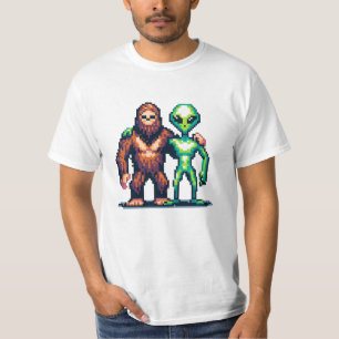 Utomjordiskt Alien Varelse och Bigfoot Pixel Art T Shirt