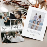 Utöver tacksamt Bröllop-fotopatkort - tack<br><div class="desc">Tack för att du skickar våra kort till gästerna i bröllop för att visa din uppskattning för dem som hjälper dig att fira din underbara dag. Bilderna 4 bröllop på framsidan, titeln "bortom tacksamhet" i ett elegant-skript, på baksidan är ett foto av er båda på din smekmånad och en personlig...</div>