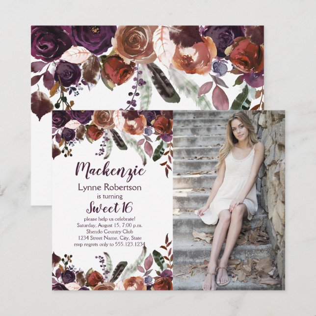 Utplantering Lila Butter Rum Ro Photo Sweet 16 Inbjudningar (Fram/baksida)