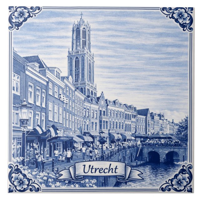 Utrecht Delft Blue style ceramic tile Kakelplatta (Framsidan)