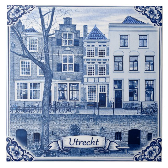 Utrecht kanalhus Delft Blue stil keramiska plattor Kakelplatta (Framsidan)