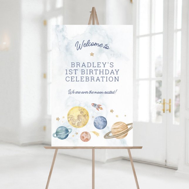 Utrymme 1:a födelsedag Poster välkomsttecken (Planet / Space Themed Party Welcome Sign)