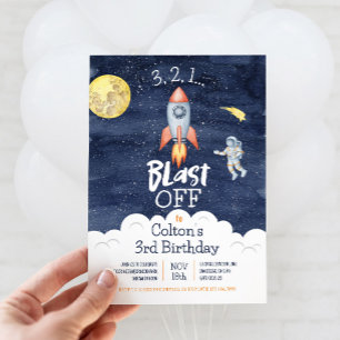 Utrymme 3 2 1 Blast off Birthday-inbjudan Inbjudningar