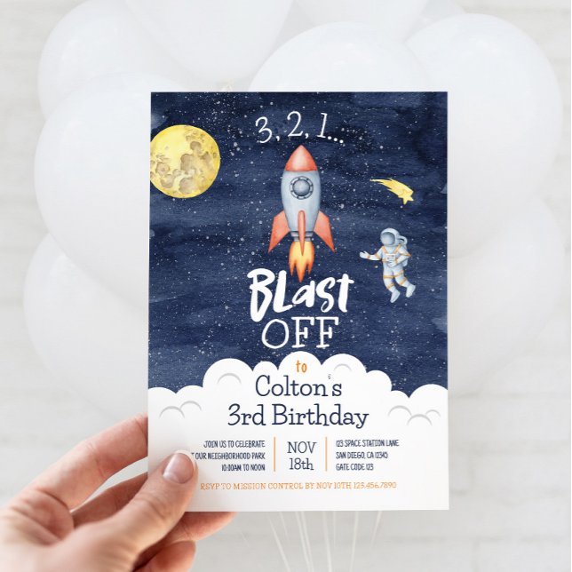 Utrymme 3 2 1 Blast off Birthday-inbjudan Inbjudningar (321 Blast Off Space Birthday Invitation)