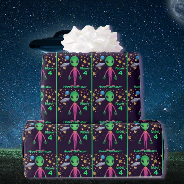 Utrymme Alien Grattis på födelsedagen NAMN AGE Cut Presentpapper (Skapare uppladdad)