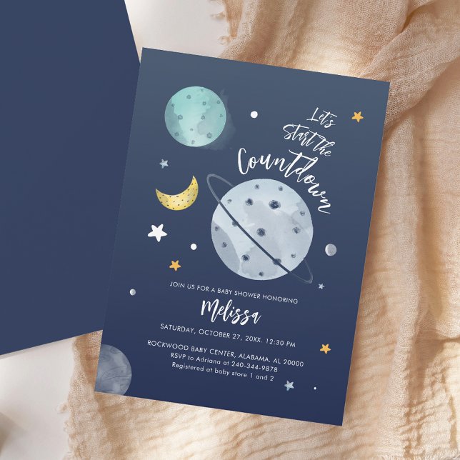 Utrymme, babyskor Måne Stars Inbjudningar (Space Outer Boy Baby Shower Moon Stars Invitation)