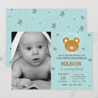 Utrymme Bear Gender Neutral Birthday-inbjudan Inbjudningar