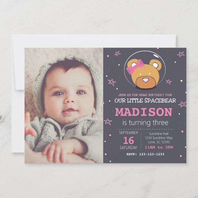 Utrymme Bear Rosa Birthday-inbjudan med foto Inbjudningar (Framsida)