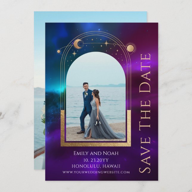 Utrymme för Lila Teal Sol Måne Stars Spara Datumet (Fram/baksida)