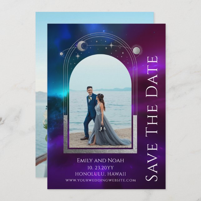 Utrymme för Lila Teal Sol Måne Stars Spara Datumet (Fram/baksida)